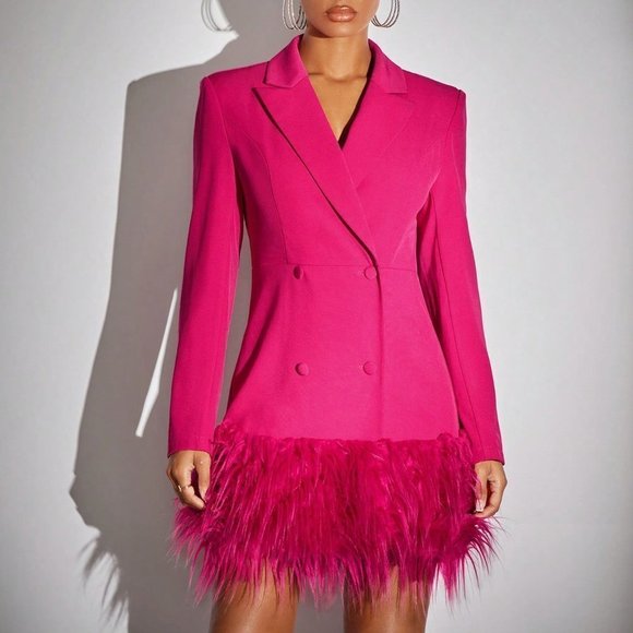 Hot Pink Preppy Womens Double Breasted Fuzzy Hem Blazer Dress - Picture 1 of 5